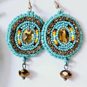 2/$27 | Turquoise Dangle Shield Beaded Indigenous Hoop Earrings | Handmade